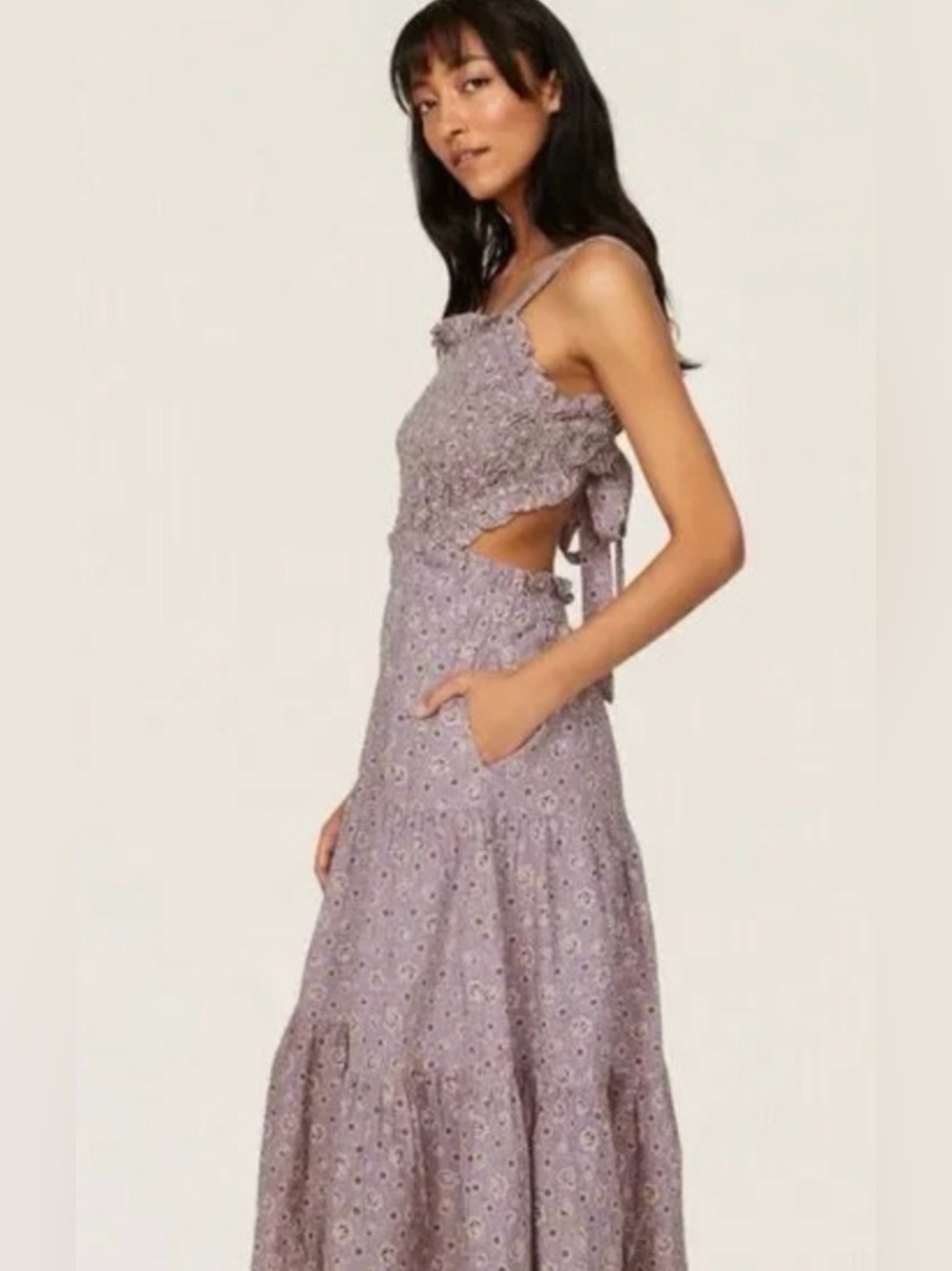 Sea New York Ida Floral Smocked Prairie Midi Dress Lilac Large - Picture 11 of 11